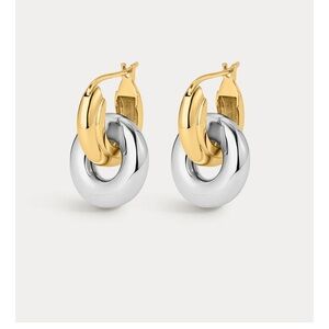 Luv AJ TWO-TONE INTERLOCK HOOP Huggie Earrings NWT